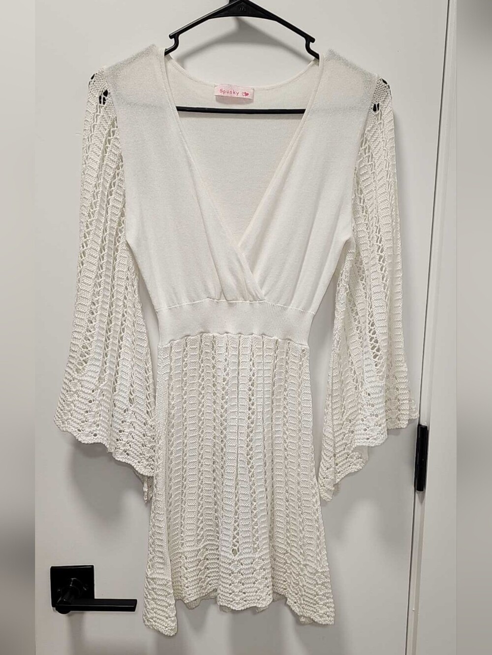 Spunky Cream Crochet Knit Dress with Bell Sleeves Size - XS